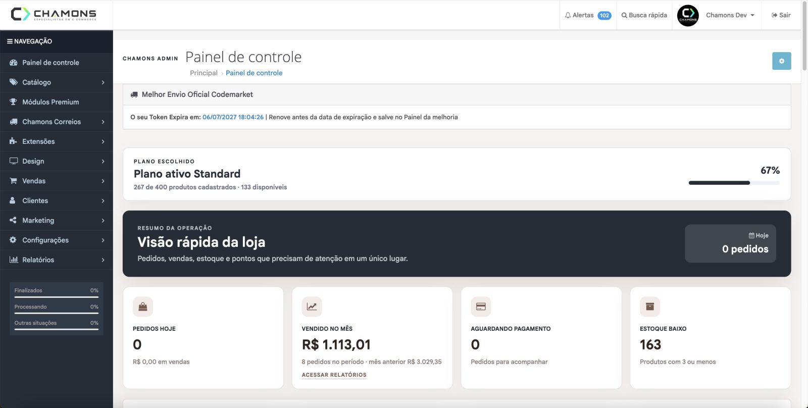 Dashboard administrativo da plataforma Chamons Commerce