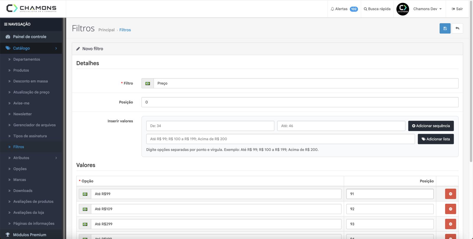 Configuração de filtros de produtos