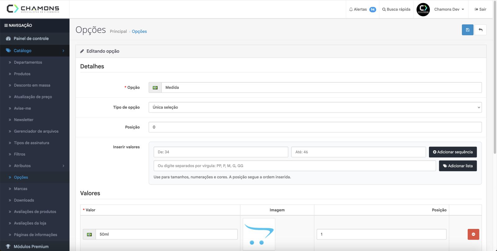 Configuração de opções de produtos