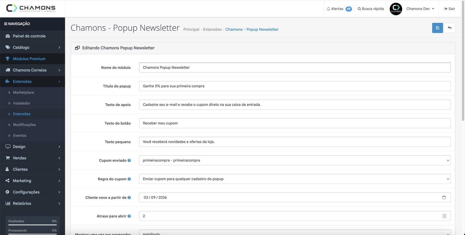 Configuração de pop-up de newsletter