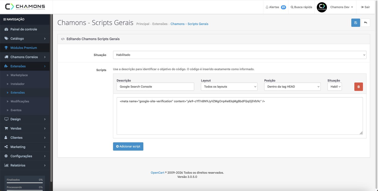 Configuração de scripts e integrações
